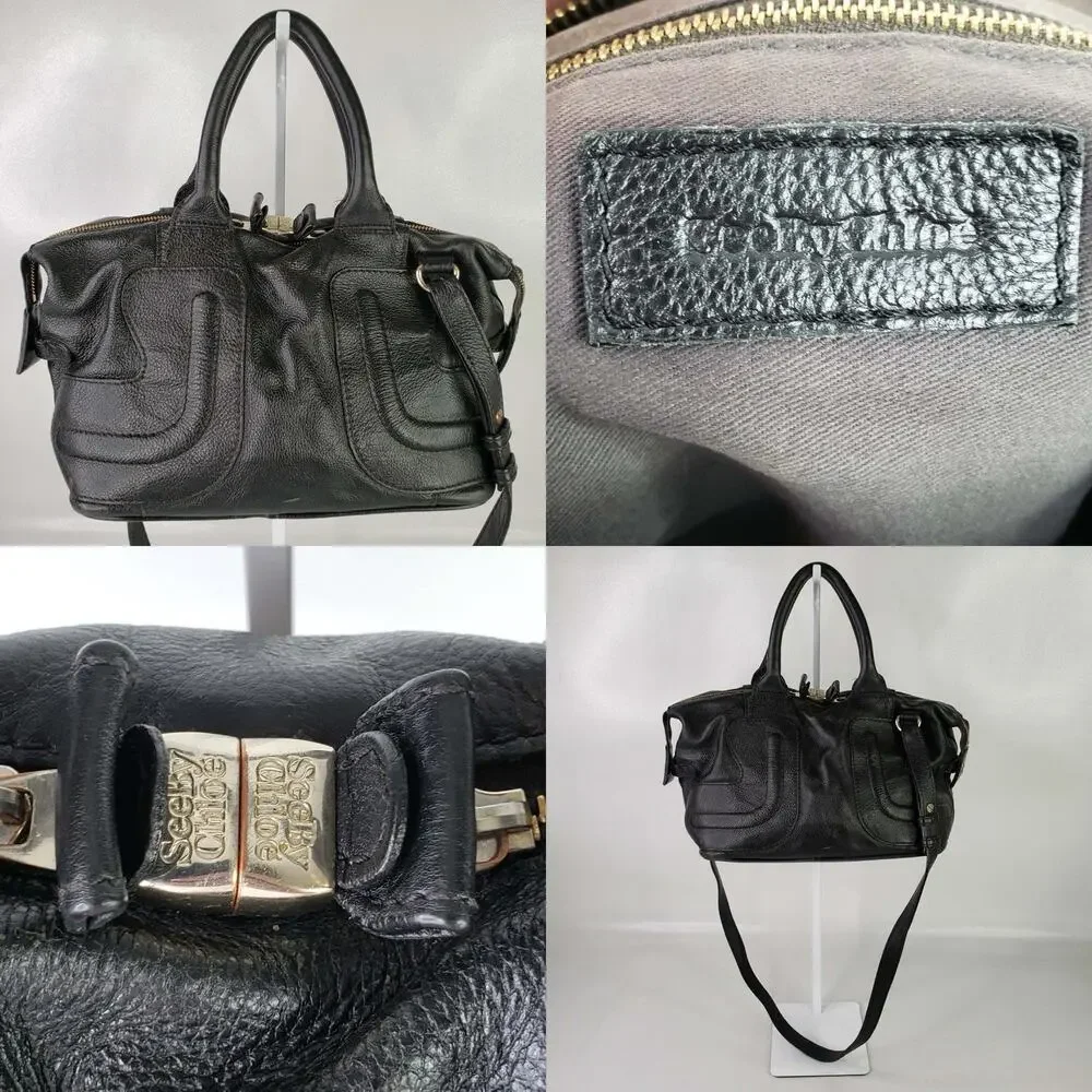 See by Chloe Leather 2-Way Zip Handbag Shoulder Bag Black Silver Y2K